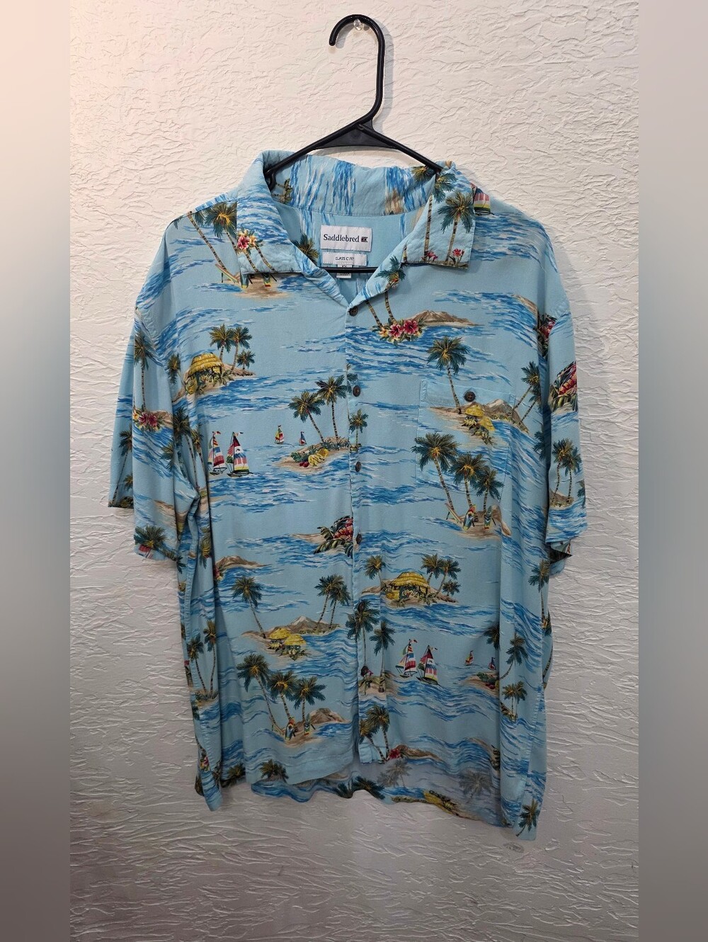 Saddlebred Mens Tropical Island Sailboat Palm Tree Hawaiian Shirt Sky Blue XL